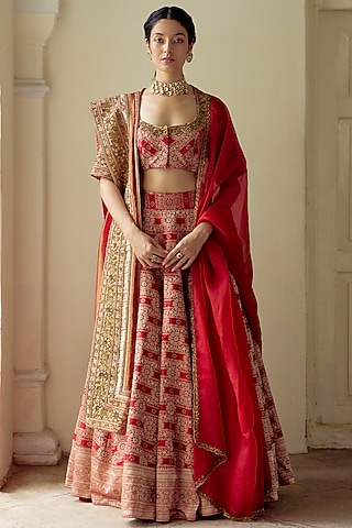 Red Silk Brocade Handwoven Blouse by Mimamsaa