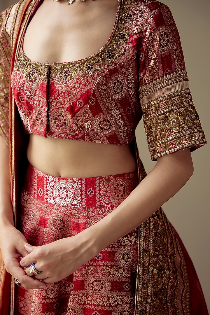 Red Silk Brocade Handwoven Blouse by Mimamsaa at Pernia's Pop Up Shop