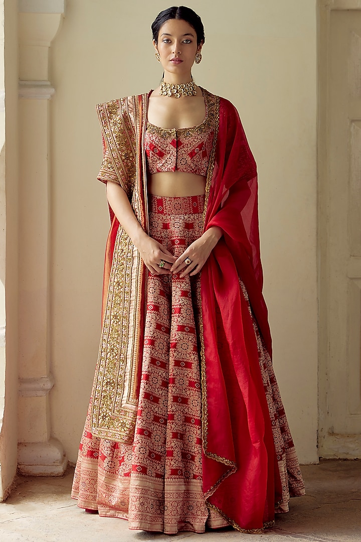 Red Satin Silk Brocade Embroidered Handwoven Dupatta by Mimamsaa