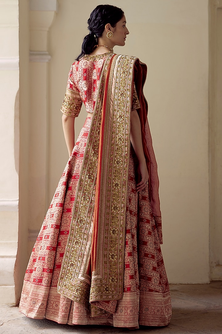Red Satin Silk Brocade Embroidered Handwoven Dupatta by Mimamsaa at Pernia's Pop Up Shop