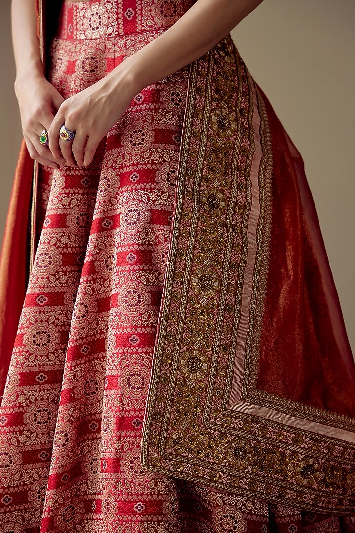 Red Satin Silk Brocade Embroidered Handwoven Dupatta by Mimamsaa at Pernia's Pop Up Shop