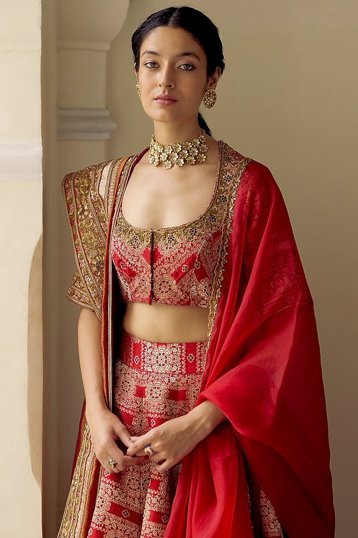 Red Satin Silk Brocade Embroidered Handwoven Dupatta by Mimamsaa at Pernia's Pop Up Shop