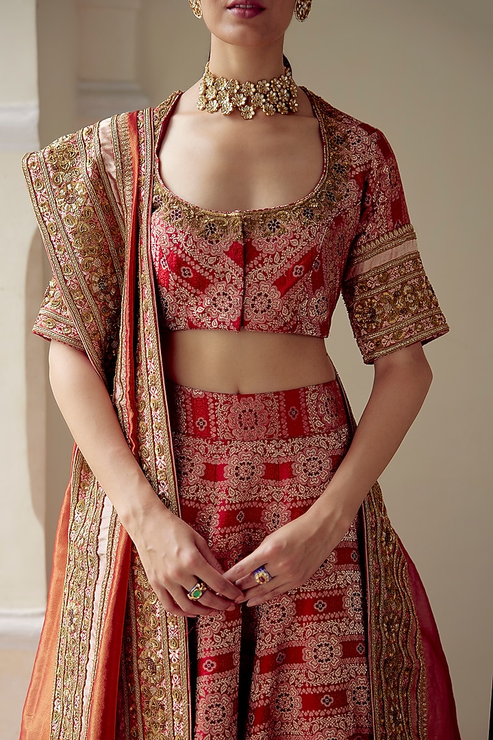 Red Satin Silk Brocade Embroidered Handwoven Dupatta by Mimamsaa at Pernia's Pop Up Shop