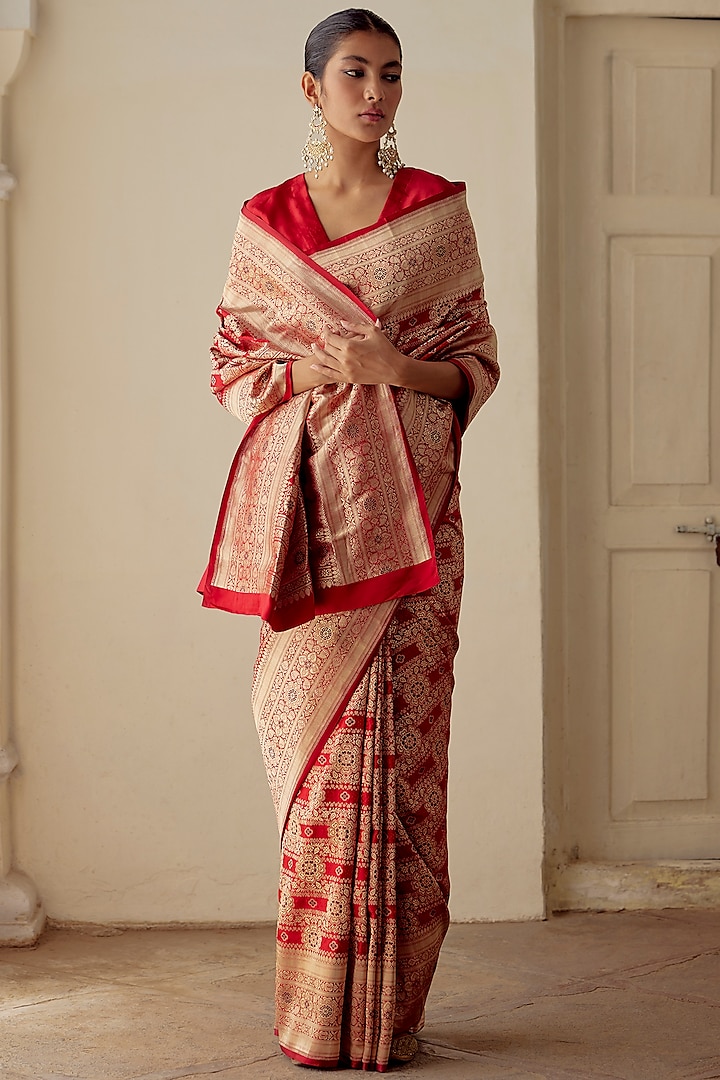 Red Satin Silk Brocade Embroidered Handwoven Saree Set by Mimamsaa