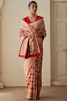 Red Satin Silk Brocade Embroidered Handwoven Saree Set by Mimamsaa-GANESH CHATURTHI