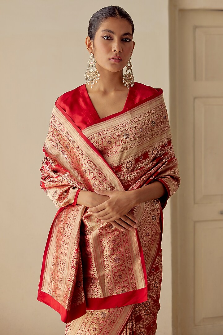 Red Satin Silk Brocade Embroidered Handwoven Wedding Saree Set by Mimamsaa at Pernia's Pop Up Shop