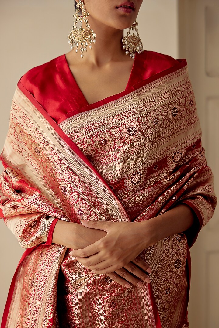 Red Satin Silk Brocade Embroidered Handwoven Wedding Saree Set by Mimamsaa at Pernia's Pop Up Shop