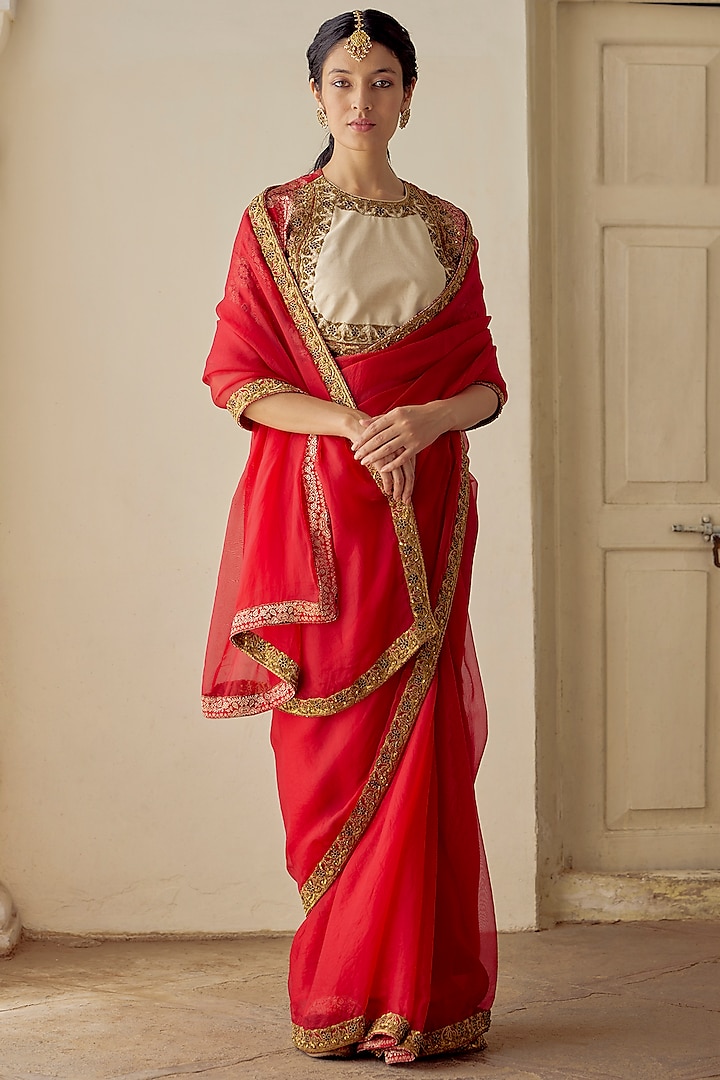 Red Silk Organza Embroidered Handwoven Saree Set by Mimamsaa