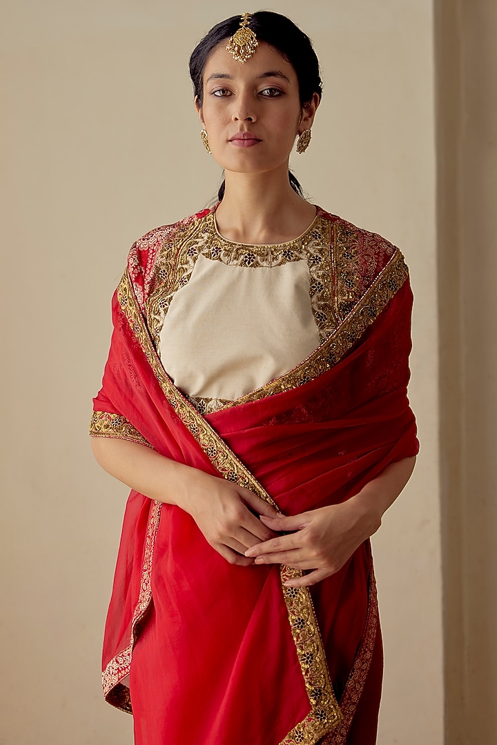 Red & Ivory Handwoven Blouse by Mimamsaa at Pernia's Pop Up Shop