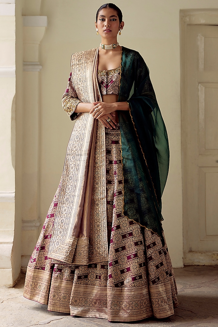 Pale & Garnet Embroidered Woven Lehenga Set by Mimamsaa