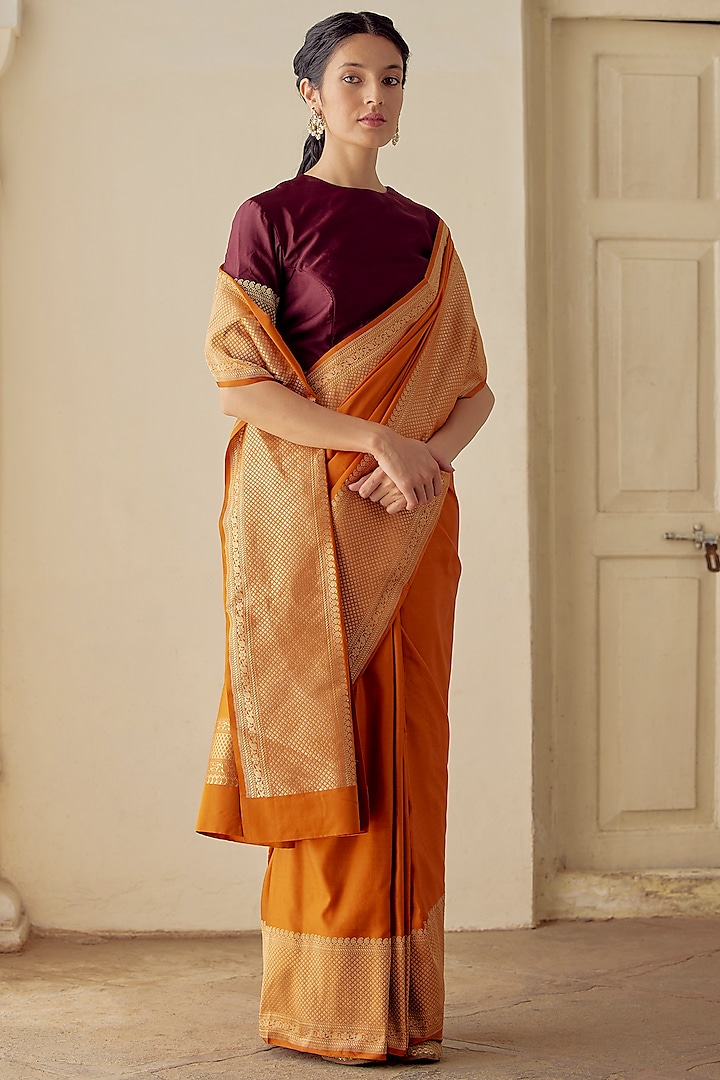 Burnt Orange Satin Silk Woven Saree by Mimamsaa