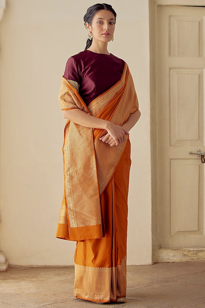 Burnt Orange Satin Silk Woven Saree by Mimamsaa at Pernia's Pop Up Shop