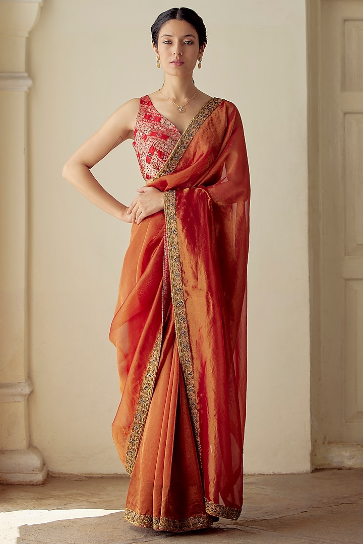 Burnt Orange Tissue Silk Woven Saree Set by Mimamsaa