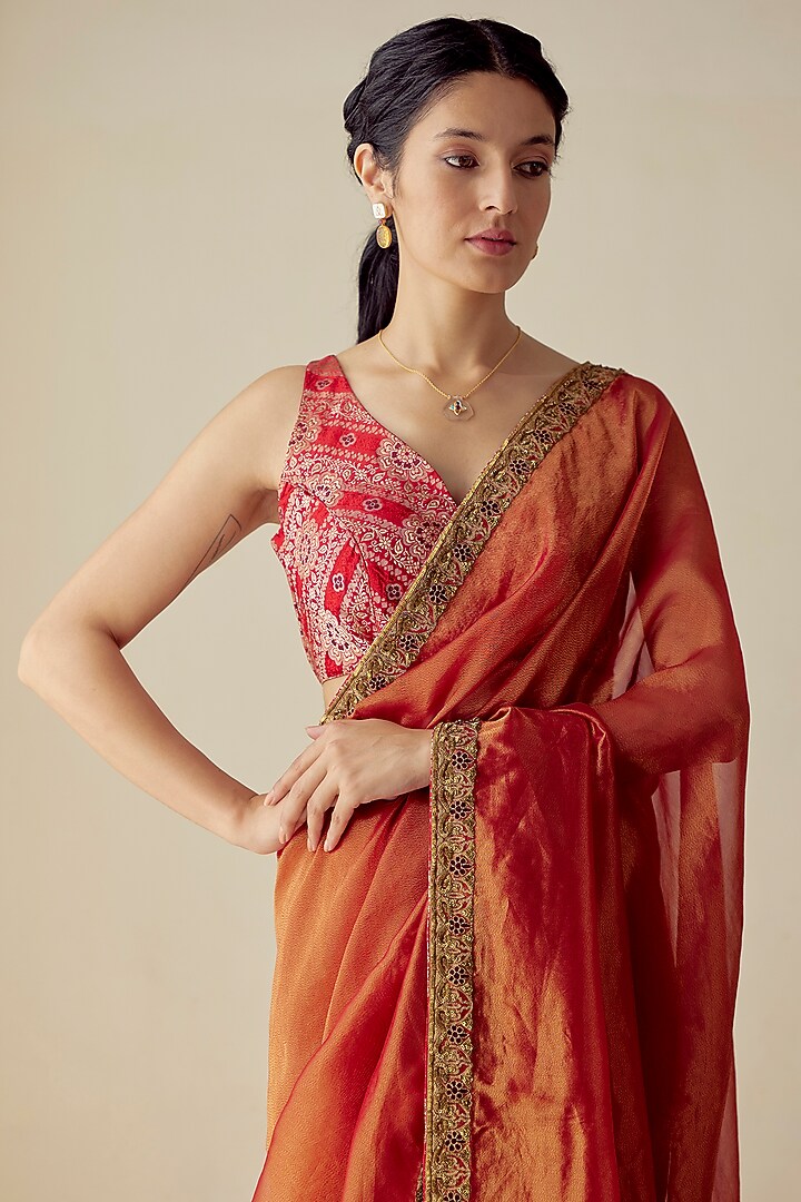 Burnt Orange Silk Brocade Woven Blouse by Mimamsaa at Pernia's Pop Up Shop