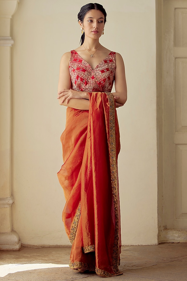 Burnt Orange Silk Brocade Woven Blouse by Mimamsaa at Pernia's Pop Up Shop