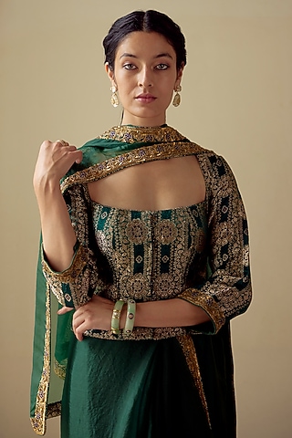 Bottle Green Brocade Woven Corset Blouse by Mimamsaa