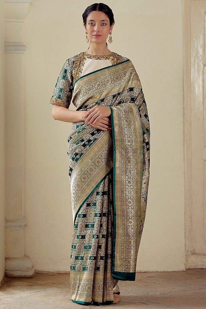 Bottle Green Satin Silk Brocade Embroidered Woven Saree by Mimamsaa