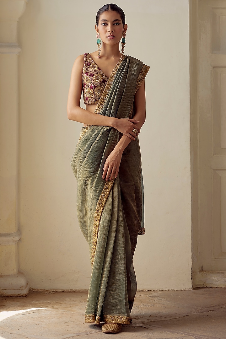 Aegean & Garnet Tissue Woven Saree Set by Mimamsaa