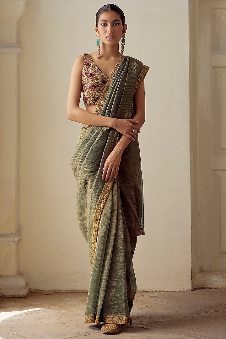 Aegean & Garnet Silk Brocade Woven Blouse by Mimamsaa