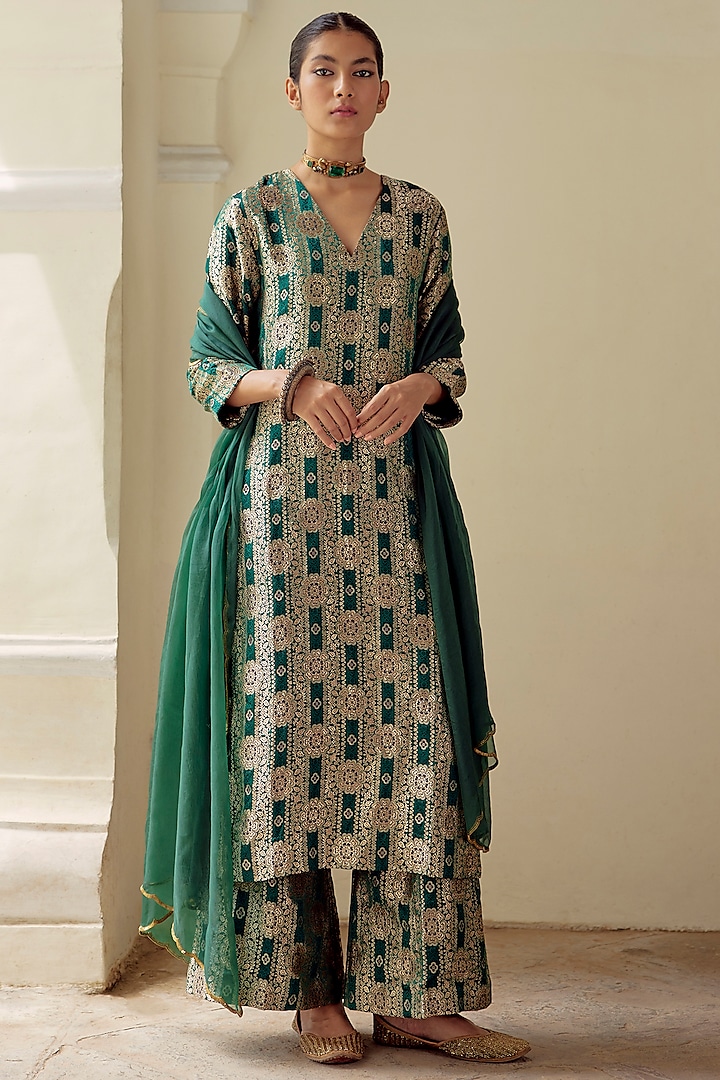 Bottle Green Silk Brocade Woven Kurta Set by Mimamsaa