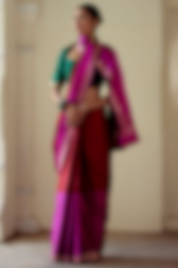 Magenta & Red Satin Silk Woven Saree Set by Mimamsaa