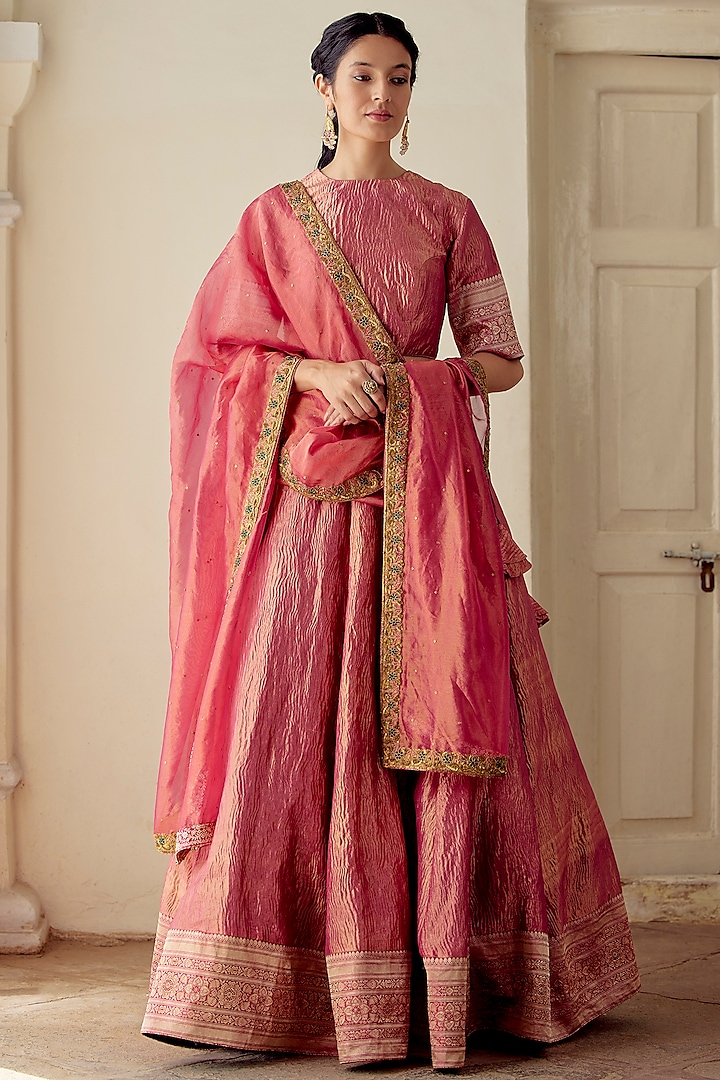 Magenta Embroidered Woven Lehenga Set by Mimamsaa