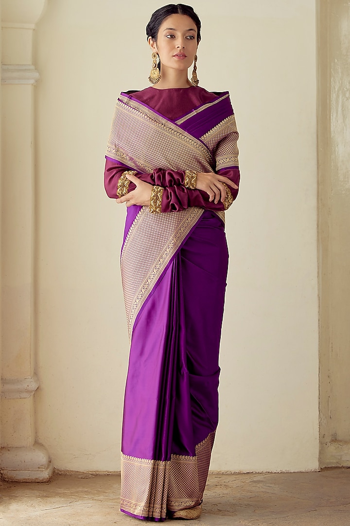 Purple Satin Silk Woven Saree Set by Mimamsaa