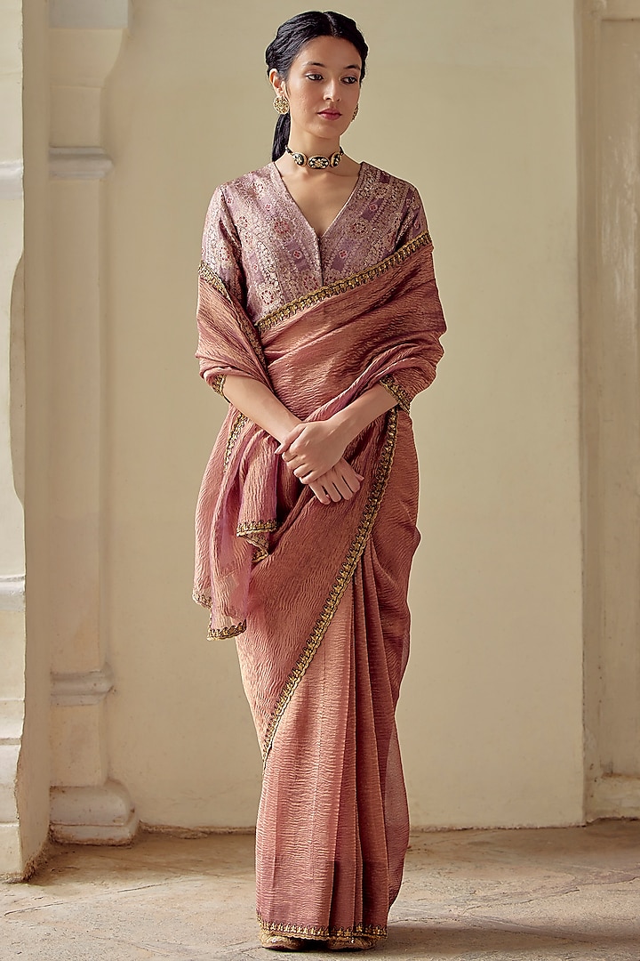 Pale Tissue Embroidered Woven Saree Set by Mimamsaa