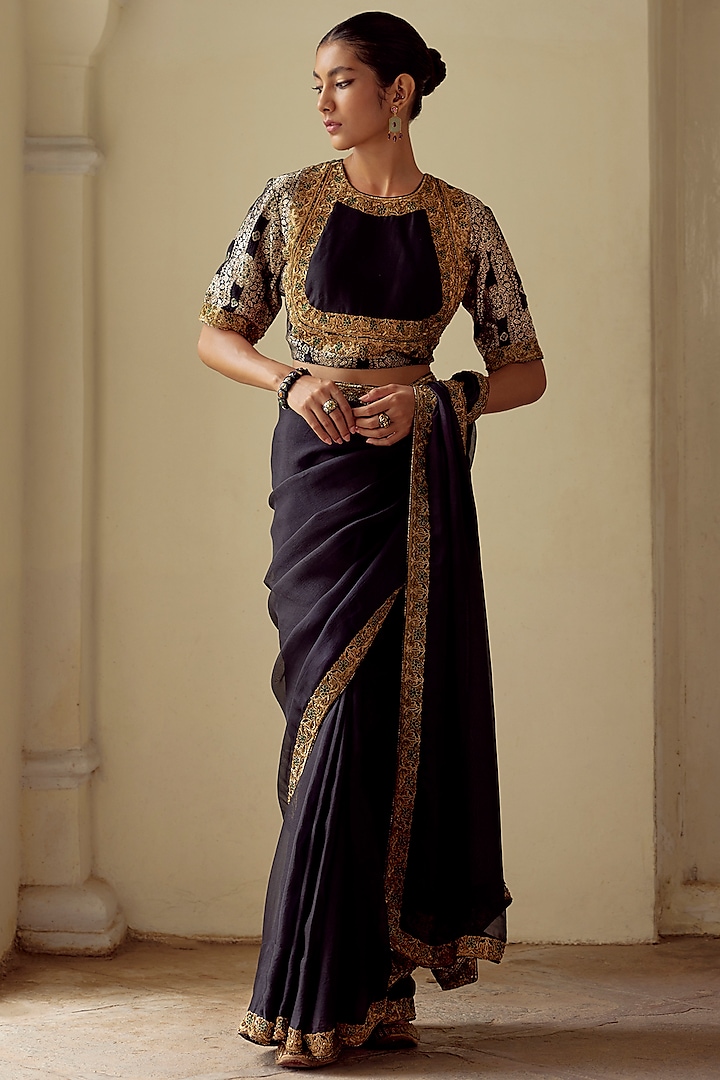 Black Embroidered Woven Saree Set by Mimamsaa