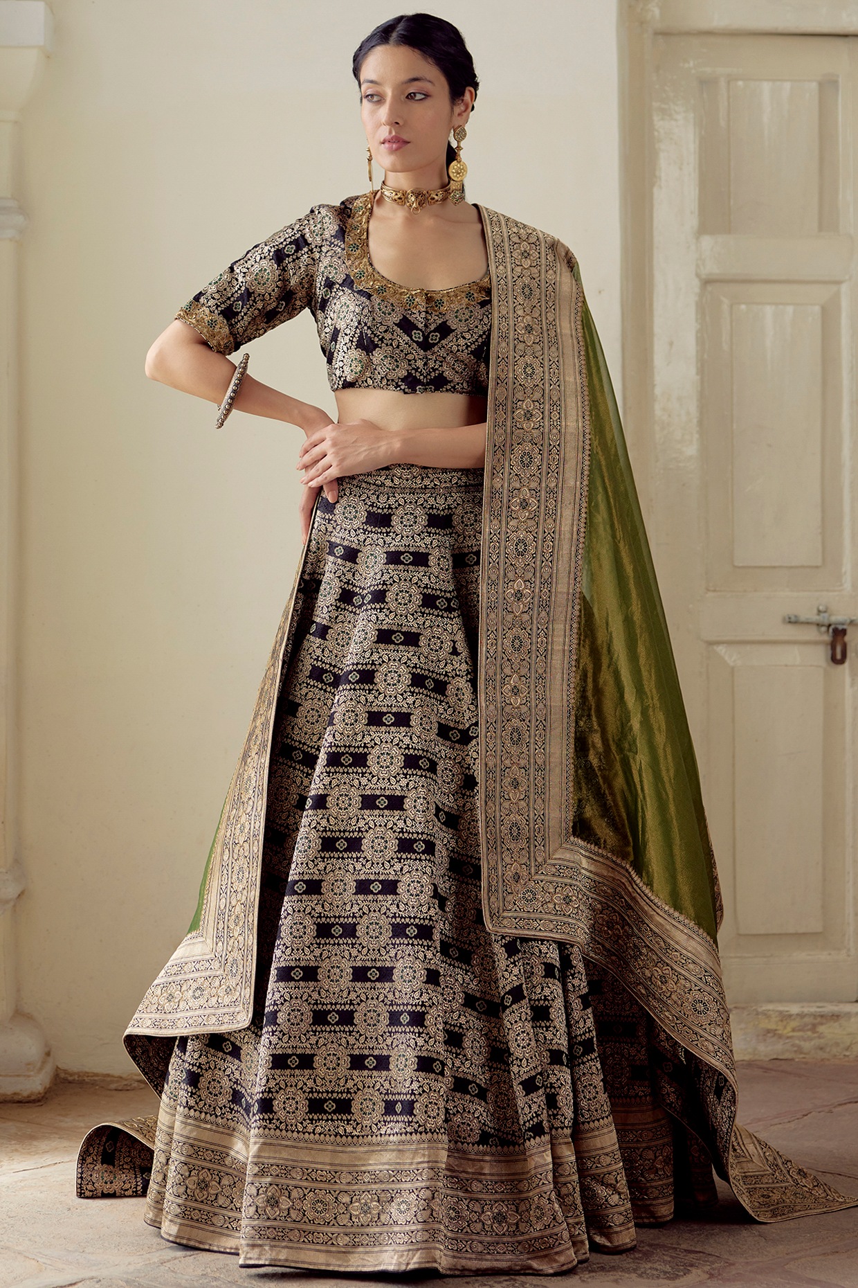 Buy Smokey Grey Blue Zardosi Embroidered Brocade Lehenga Set by Designer  SHYAM NARAYAN PRASAD Online at Ogaan.com