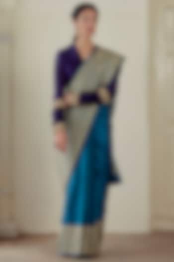 Ageon Blue Satin Silk Saree Set by Mimamsaa