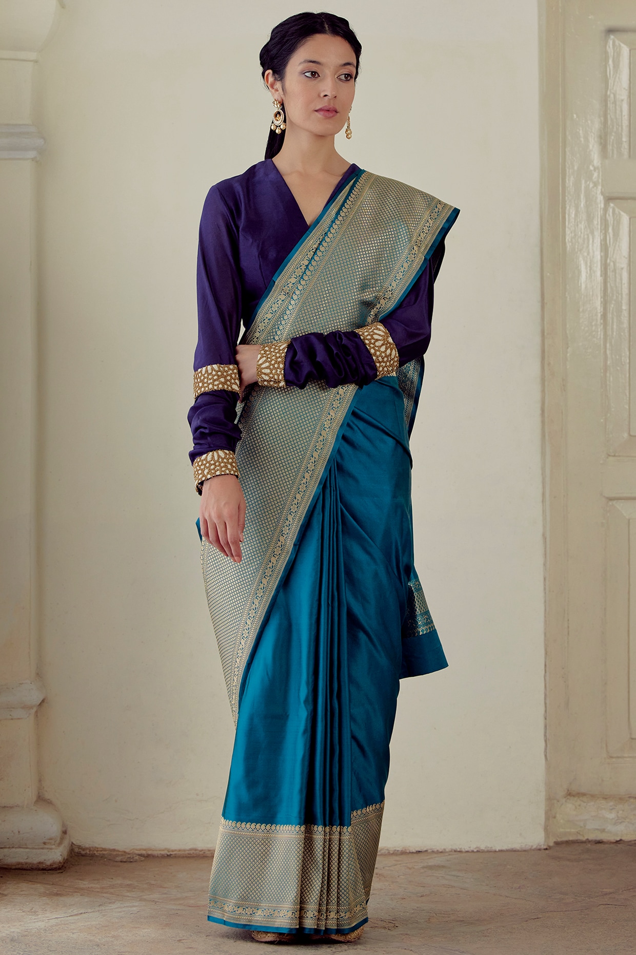 Green With Royal Blue Combination And Royal Blue Blouse Lichi Silk Bea –  garment villa