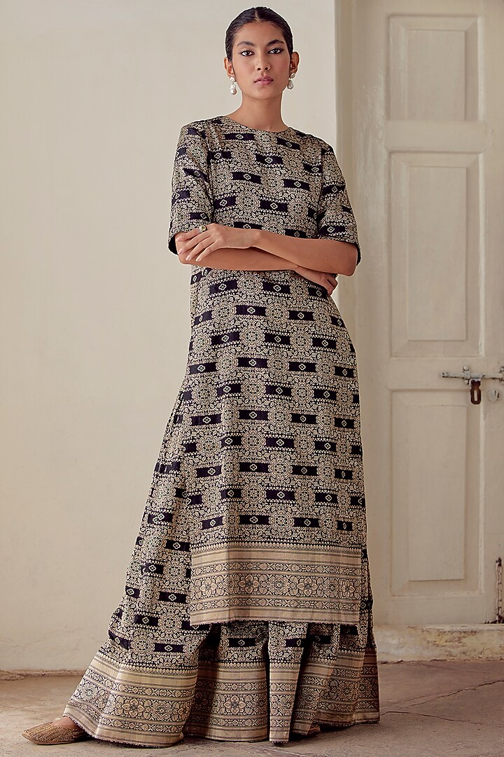 Black Embroidered Woven Wedding Sharara Set by Mimamsaa at Pernia's Pop Up Shop