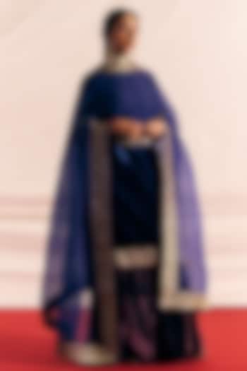 Royal Blue Organza Silk Applique Woven Dupatta by Mimamsaa at Pernia's Pop Up Shop