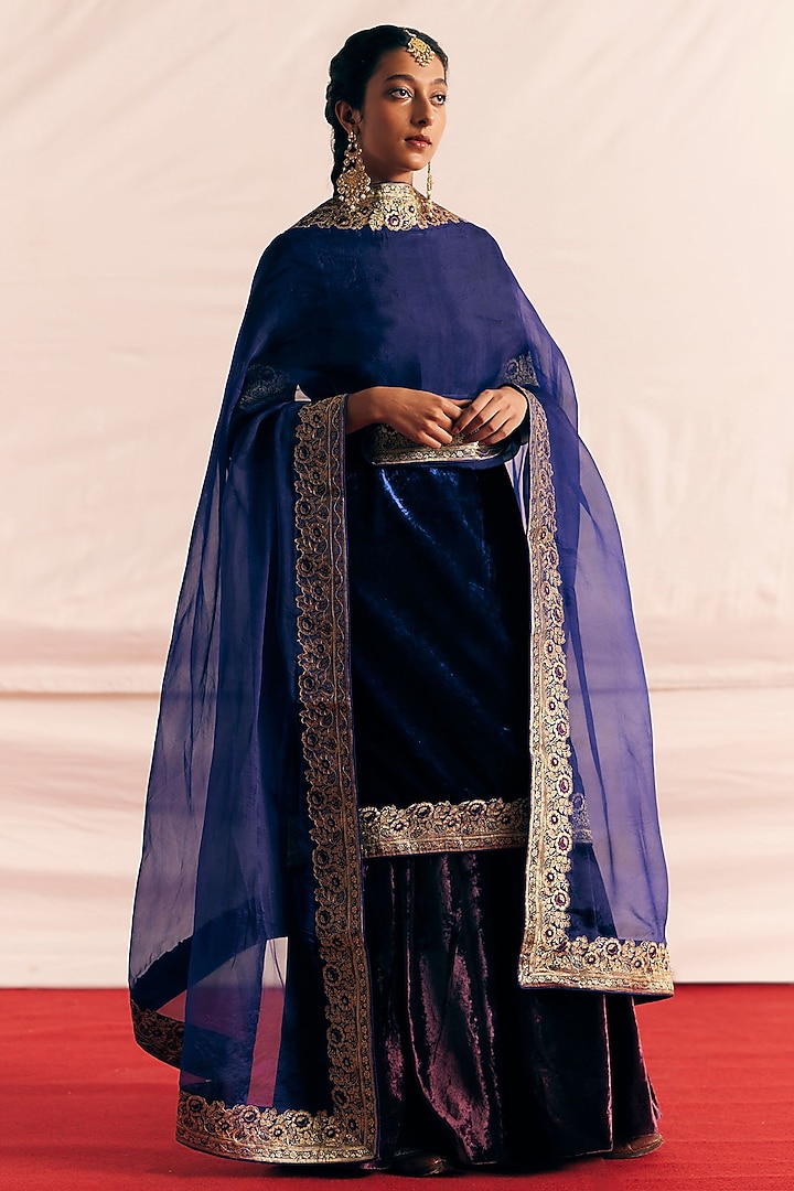 Royal Blue Organza Silk Applique Woven Dupatta by Mimamsaa at Pernia's Pop Up Shop