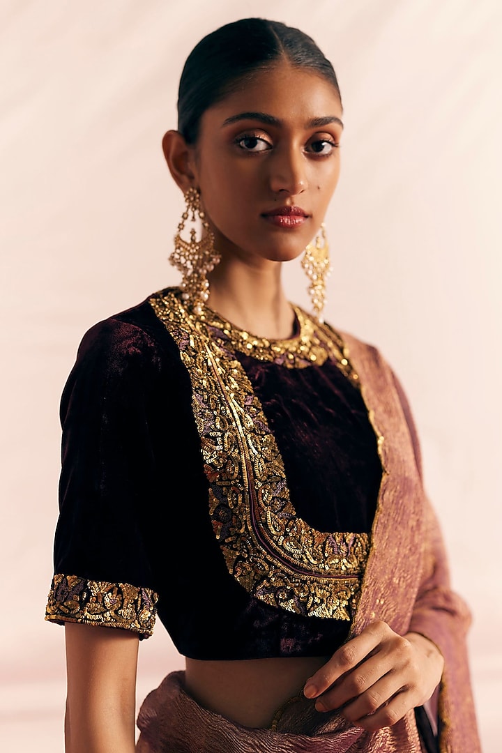 Burgundy Silk Velvet Embroidered Blouse by Mimamsaa at Pernia's Pop Up Shop