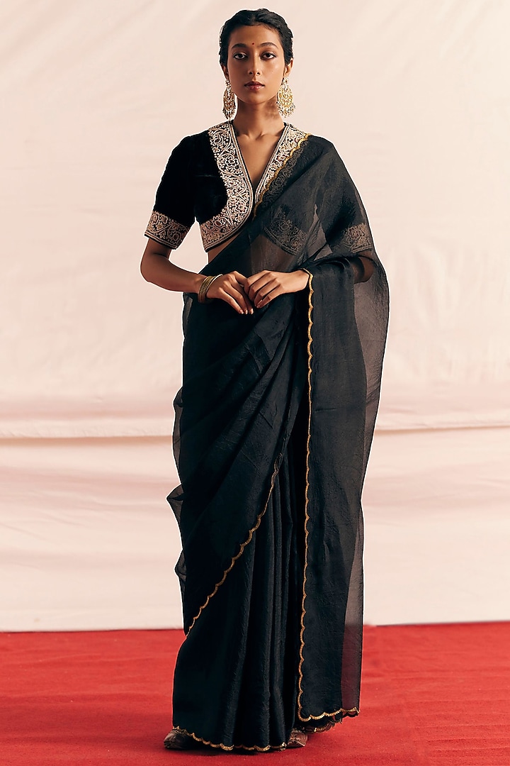 Black Silk Organza Saree Set by Mimamsaa at Pernia's Pop Up Shop