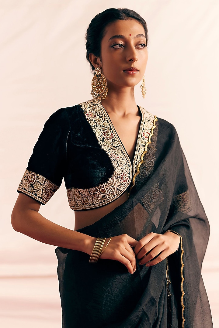 Black Silk Velvet Embroidered Blouse by Mimamsaa at Pernia's Pop Up Shop