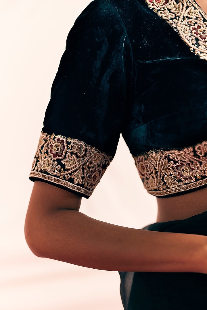 Black Silk Velvet Embroidered Blouse by Mimamsaa at Pernia's Pop Up Shop