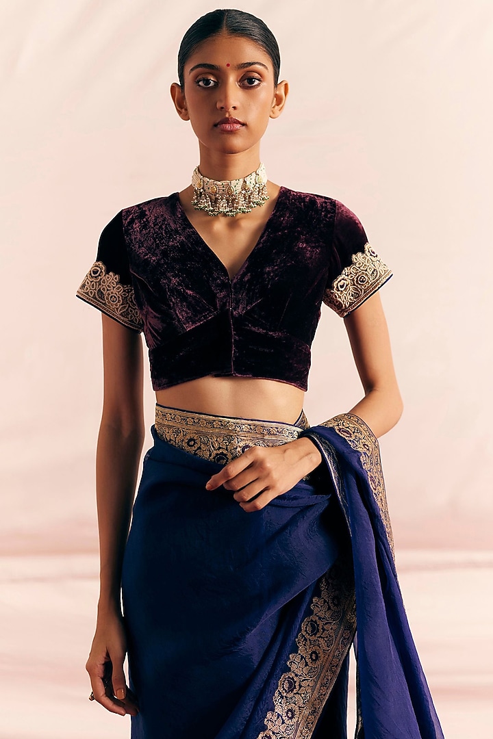 Wine Silk Velvet Embroidered Blouse by Mimamsaa at Pernia's Pop Up Shop