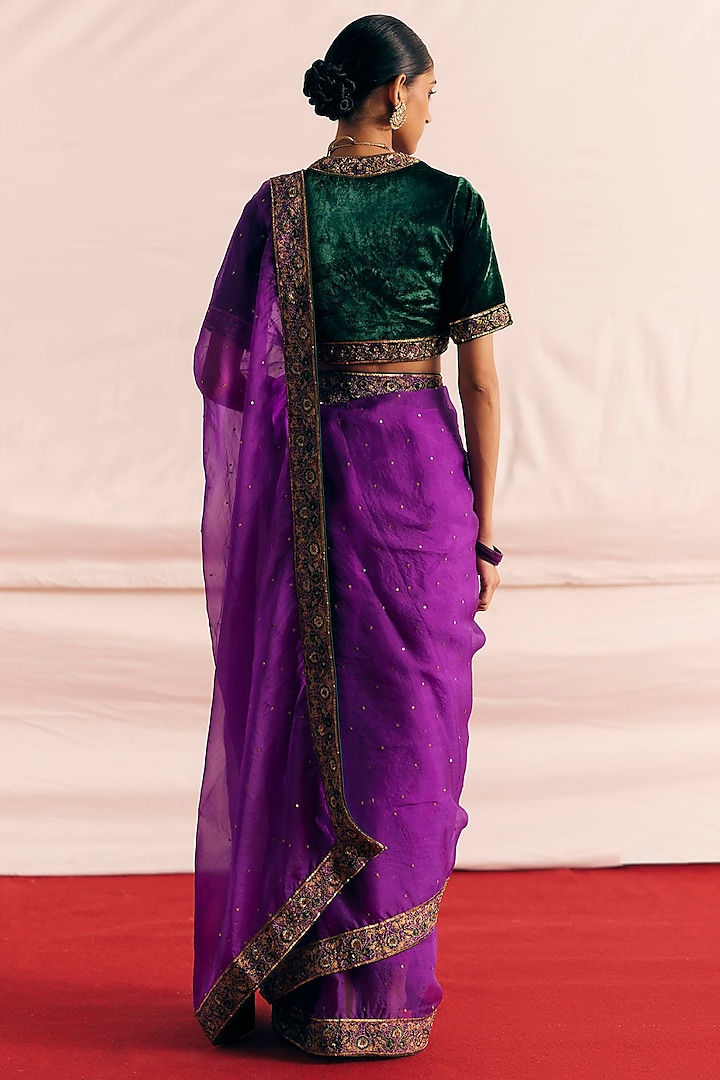 Purple Silk Organza Applique Embroidered Saree Set by Mimamsaa at Pernia's Pop Up Shop