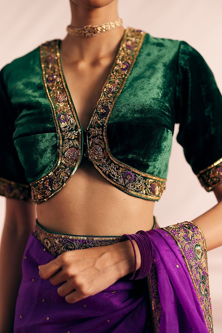 Dark Green Silk Velvet Embroidered Blouse by Mimamsaa at Pernia's Pop Up Shop