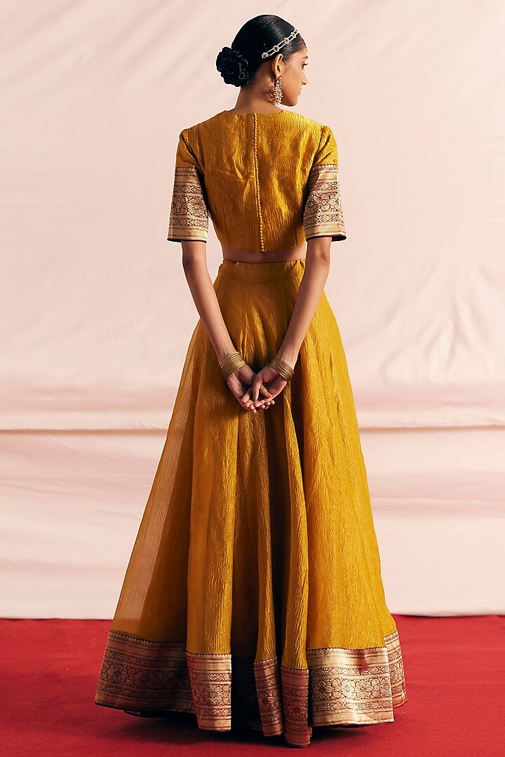 Mustard Tissue Silk Woven Hand Crushed Blouse by Mimamsaa at Pernia's Pop Up Shop
