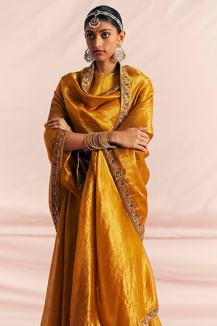 Mustard Tissue Silk Embroidered Woven Dupatta by Mimamsaa at Pernia's Pop Up Shop