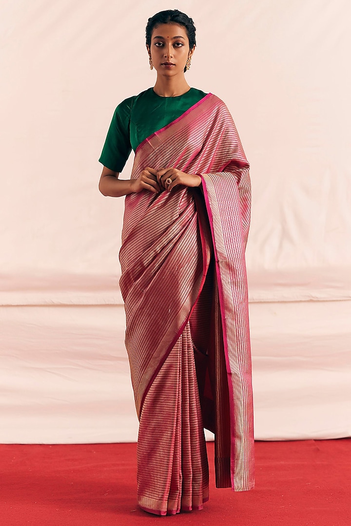 Metallic Magenta Satin Silk Woven Saree Set by Mimamsaa at Pernia's Pop Up Shop