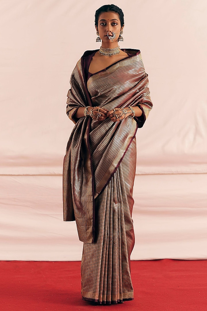 Deep Burgundy Satin Silk Woven Saree Set by Mimamsaa at Pernia's Pop Up Shop