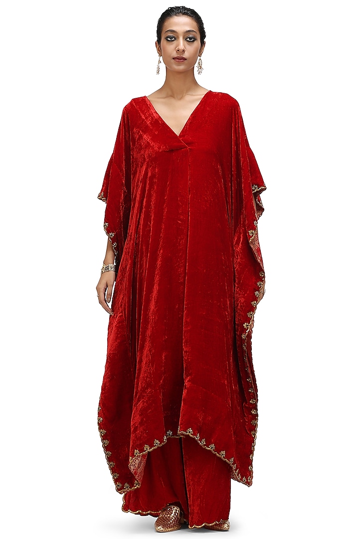 Red Velvet Woven Embroidered Kaftan Set by Mimamsaa at Pernia's Pop Up Shop