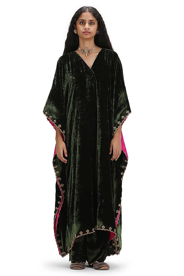 Green Tissue Silk Embroidered Woven Kaftan Set by Mimamsaa at Pernia's Pop Up Shop