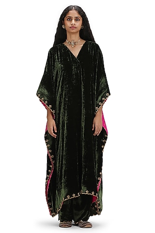 Green Tissue Silk Embroidered Woven Kaftan Set by Mimamsaa