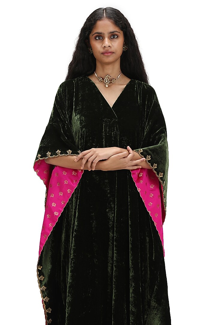 Green Tissue Silk Embroidered Woven Kaftan Set by Mimamsaa at Pernia's Pop Up Shop